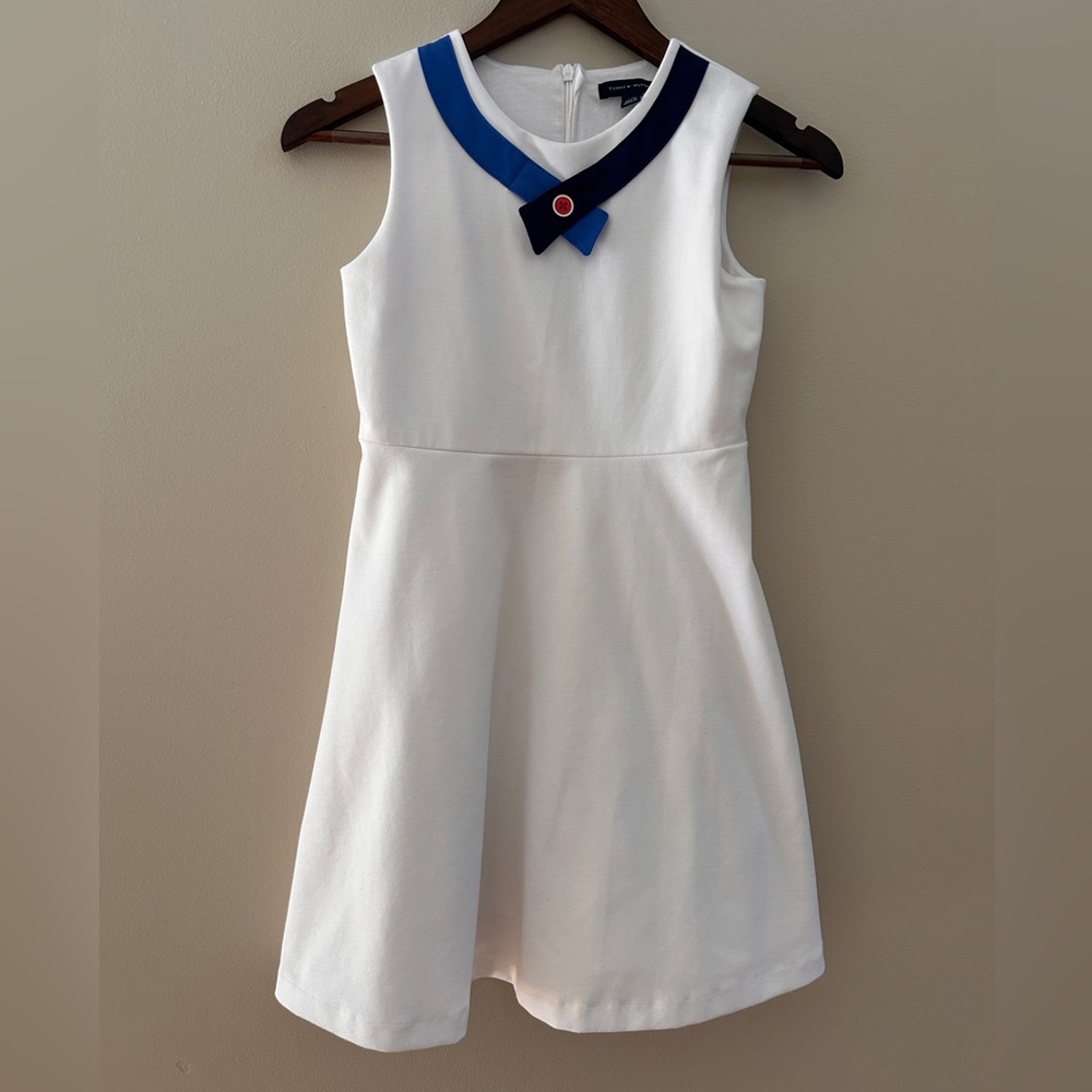 Girls' White A-Line Dress with Navy & Royal Blue Trim by Tommy Hilfiger